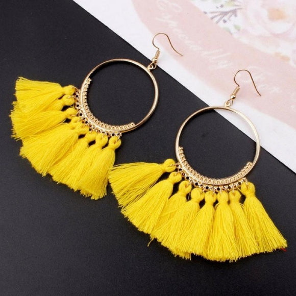 Silver And Yellow Stament Necklace And  Vibrant Yellow Tassel earrings Hoops - Picture 4 of 17